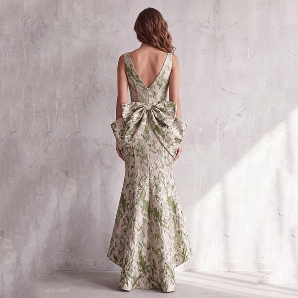 Mermaid Gown ZAPAKA dusty sage rear view with open V-back, bow and sweeping high-low hem