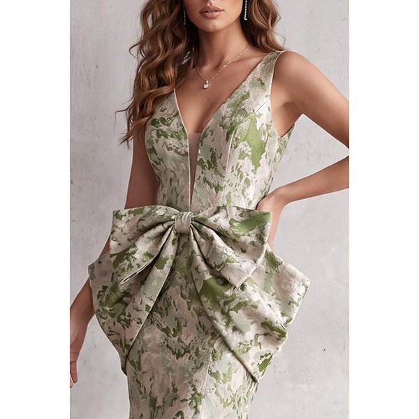 Mermaid Gown ZAPAKA sage jacquard close-up of plunging neckline and oversized waist bow
