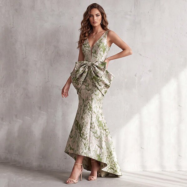 Mermaid Gown ZAPAKA dusty sage front view with V-neck, sculptural bow and high-low hem