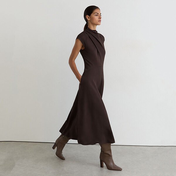Midi Dress REISS Alma Petite Grape Burgundy side walking view with side pocket and brown boots