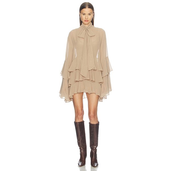 Mini Dress Camila Coelho Taja Taupe full front view highlighting georgette fabric and ruffled tiers