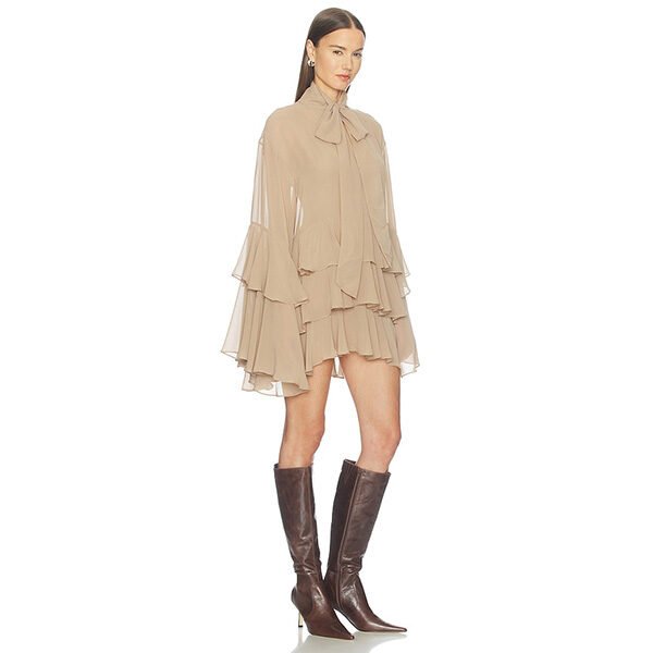 Mini Dress Camila Coelho Taja Taupe side view with neck-tie bow and flounced layers