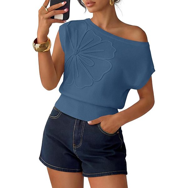 Off Shoulder Top ZESICA dusty blue floral knit with cap sleeves and loose fit