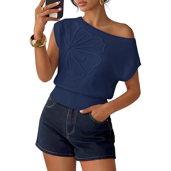 Off Shoulder Top ZESICA navy knit with 3D floral appliqué and asymmetrical neckline