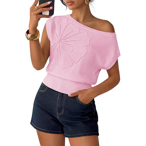 Off Shoulder Top ZESICA pink one-shoulder sweater vest with textured bloom and ribbed hem