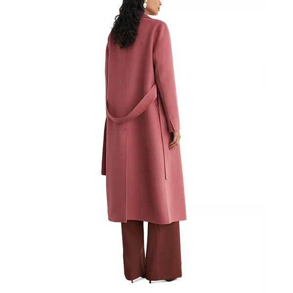 Pink Coat REISS Marlowe back view with self belt looped at waist and vented hem over rust trousers