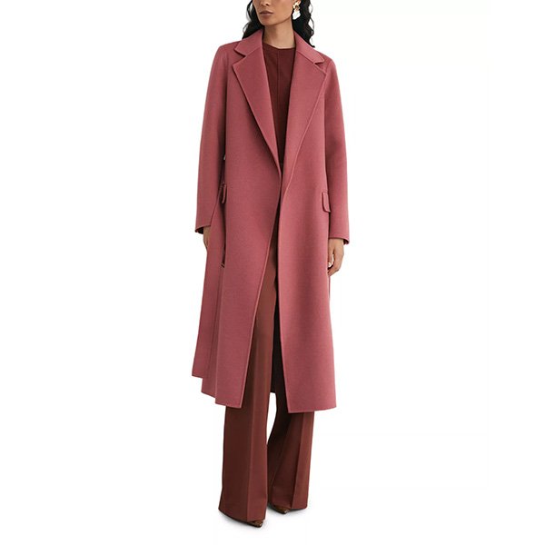 Pink Coat REISS Marlowe full front view showing flap pockets and 49 inch longline hem