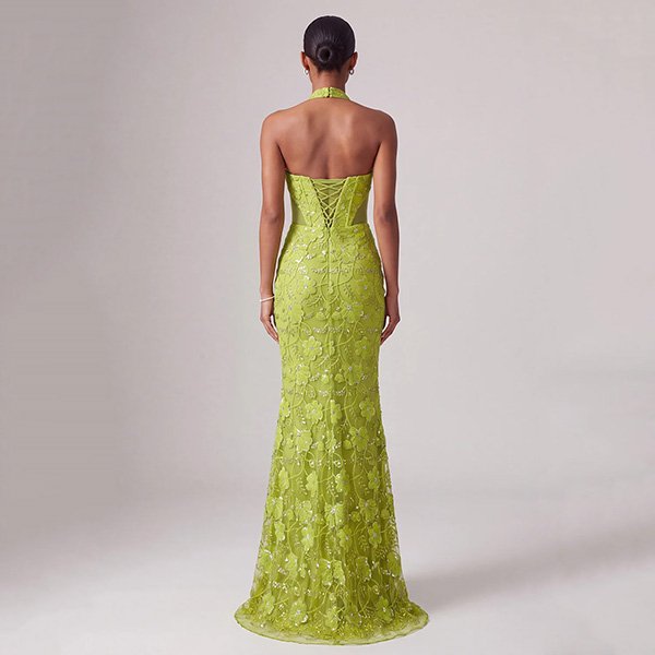 Prom Dress ZAPAKA green mermaid back view showing lace-up corset and floor-length train