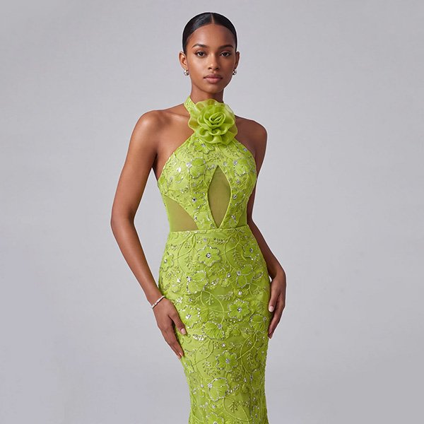 Prom Dress ZAPAKA green mermaid close-up showing 3D flower halter, sequin embroidery and front cut-out