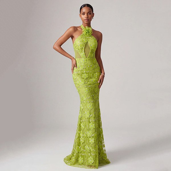 Prom Dress - Halter Green Mermaid with 3D Flower