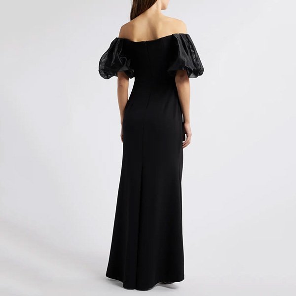 Puff Sleeve Dress Eliza J black rear view with off-shoulder organza puff sleeves and mermaid skirt