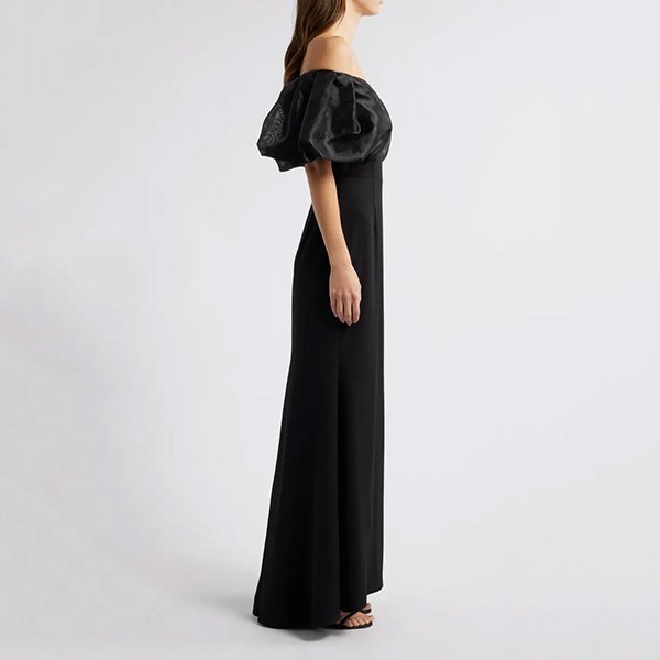 Puff Sleeve Dress Eliza J black side profile highlighting sleeve volume and floor-length hem