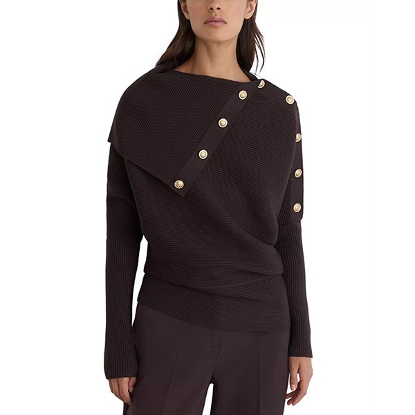 Shawl Collar Sweater Reiss Lexi close-up of crest-embossed gold buttons on asymmetric collar