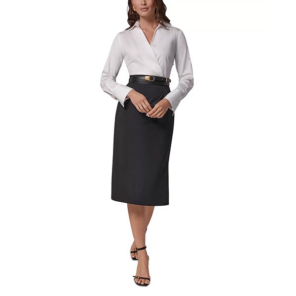 Shirt Dress Donna Karan New York cream surplice collar bodice with black pencil skirt and gold-buckle belt front view