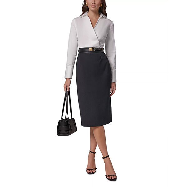 Shirt Dress Donna Karan cream and black belted mixed media styled with black handbag and strappy heels