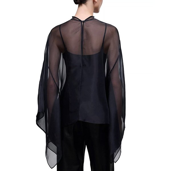 Silk Blouse STAUD Fia black sheer back view with mock neck, button closure and draped asymmetric sleeves