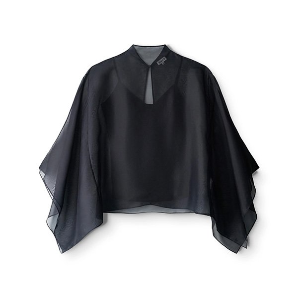 Silk Blouse STAUD Fia black sheer flat lay showing mock neck, keyhole detail and asymmetric drape