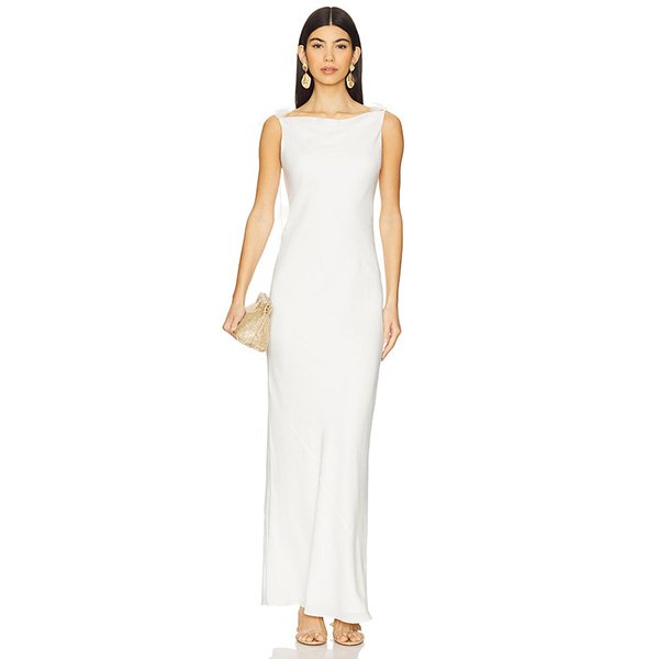 Silk Maxi Dress Cult Gaia Nymeria in Off White front view with satin drape