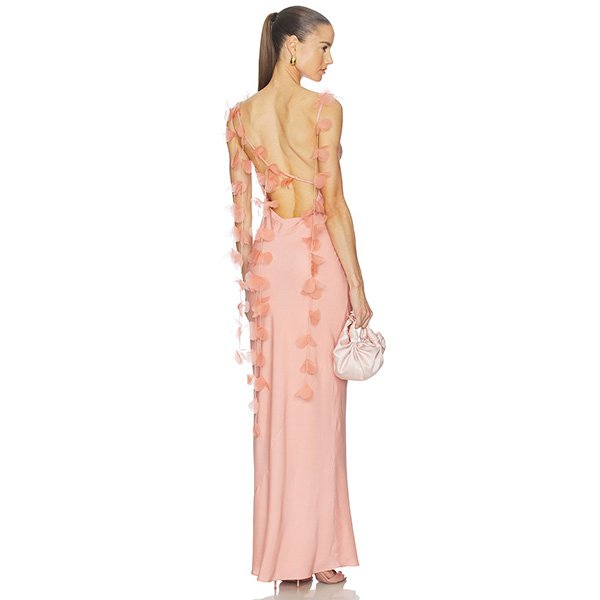 Silk Maxi Dress Cult Gaia Nymeria open back with silk organza petal garlands and beaded strands