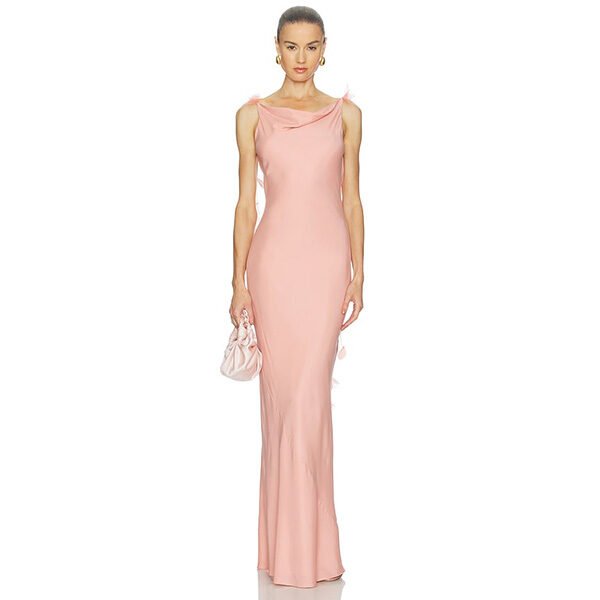 Silk Maxi Dress Cult Gaia Nymeria in Petal Pink front view with draped cowl neckline