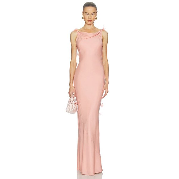 Silk Maxi Dress Cult Gaia Nymeria in Petal Pink front view with draped cowl neckline