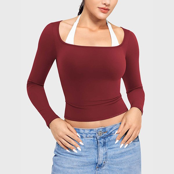 Square Neck Top YEOREO Ease anchor red close-up of square neckline and sculpting fabric texture