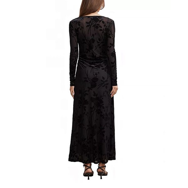 Black mesh burnout dress back view showing fitted sleeves and gathered waist