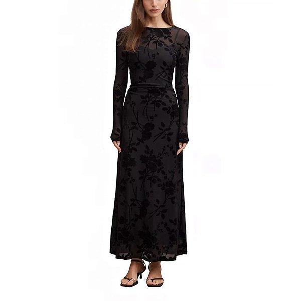 Black mesh burnout midi dress front view with boat neck and floral velvet detail