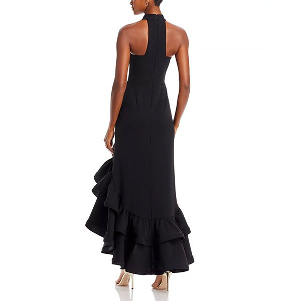 Black racerback gown back view showing racerback design and mermaid silhouette