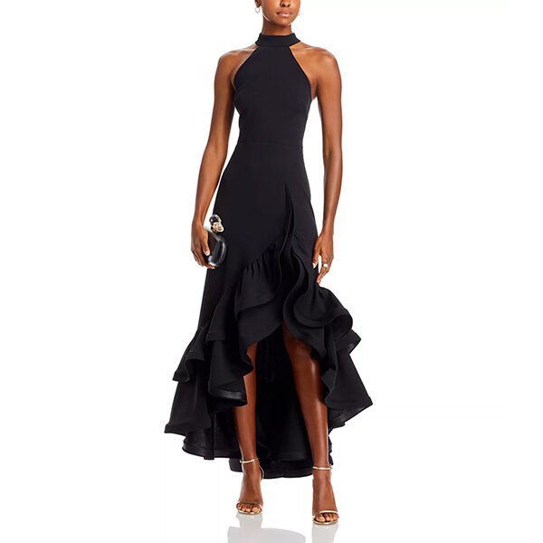 Black racerback gown front view showing mock neck and ruffle hem