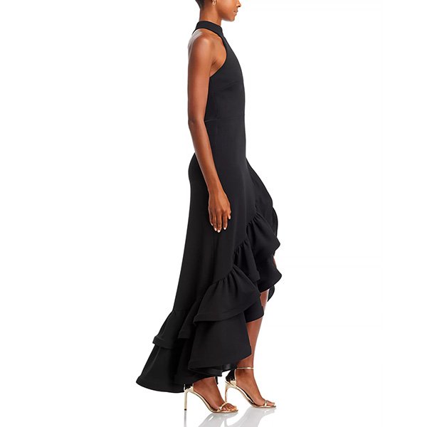 Black racerback gown side view showing double ruffle high low hem