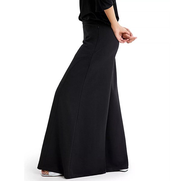 Black high waist pants side view showing wide leg opening and pull-on design