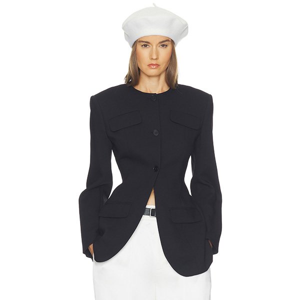 Blazer Helsa Black wool blend suiting jacket with padded shoulders and beret styling