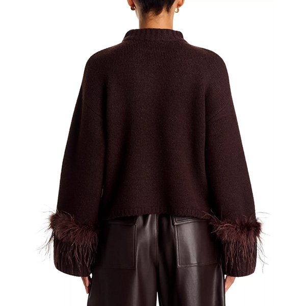Chocolate feather trim sweater back view showing relaxed fit and ribbed hem