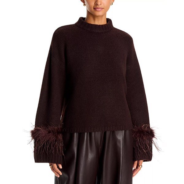 Feather Trim Sweater - Pia Mock Neck Chocolate | WAYF