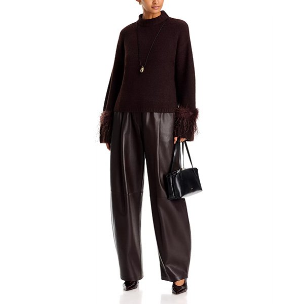Chocolate feather trim sweater front view showing mock neck and feather cuffs