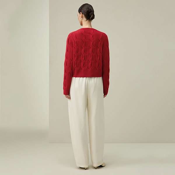 LILYSILK wool cashmere cardigan ruby pink back view with cable pattern