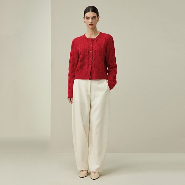 Wool Cashmere Cardigan - Cable Knit Ruby | LILYSILK