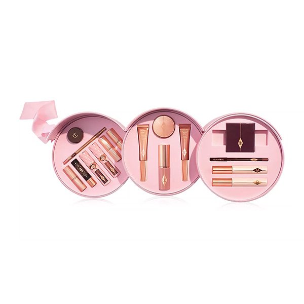 Makeup Gift Set Charlotte Tilbury Pillow Talk opened three-tier trays with lip eye and cheek icons
