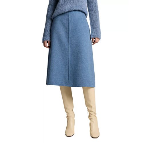 Midi Skirt Vince Splitable A-Line Blue Slate front view with blue sweater and cream boots