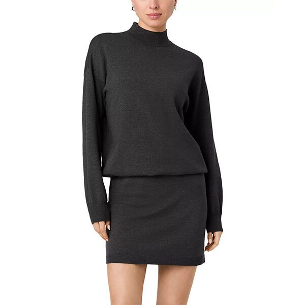 Mock Neck Dress French Connection Dark Grey front view showing blouson waist and ribbed hem