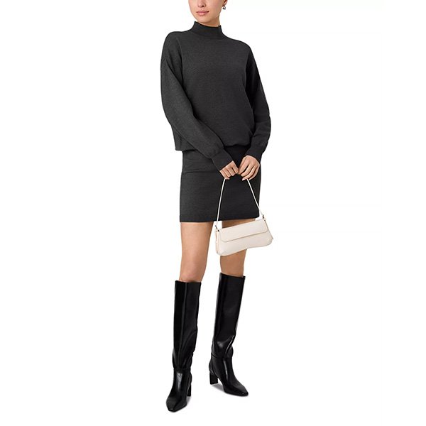 Mock Neck Dress French Connection Dark Grey full view with knee-high boots and cream bag