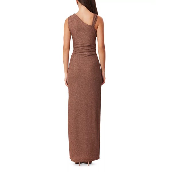 Shimmer Dress SNDYS Rella Mocha back view showing asymmetric strap and floor-length hem