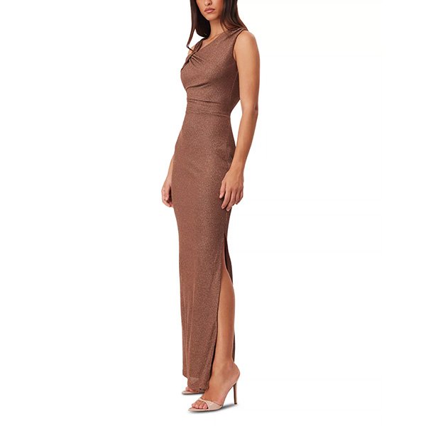Shimmer Dress SNDYS Rella Mocha side view with high side slit and heels