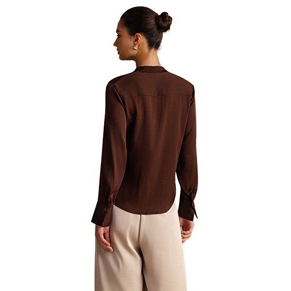 Silk Blouse SILKSILKY Bitter Chocolate back view with matte crepe de chine drape and buttoned cuffs