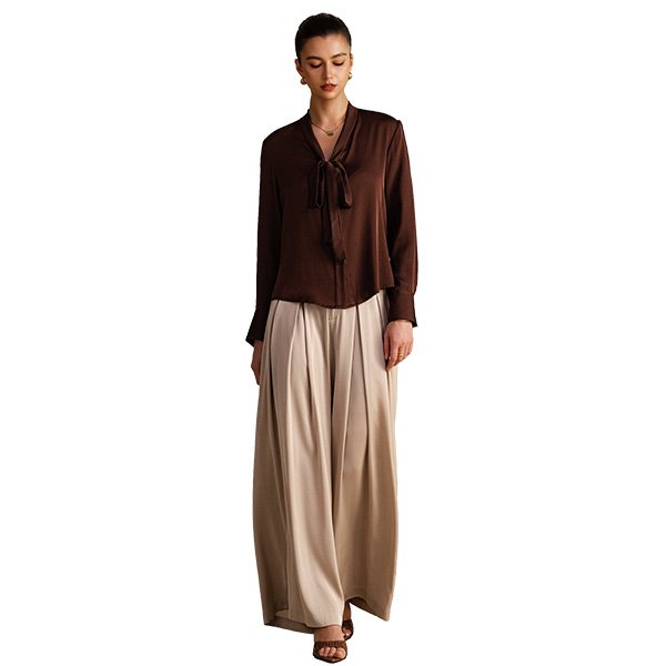 Silk Blouse SILKSILKY Bitter Chocolate full view styled with ivory wide-leg trousers