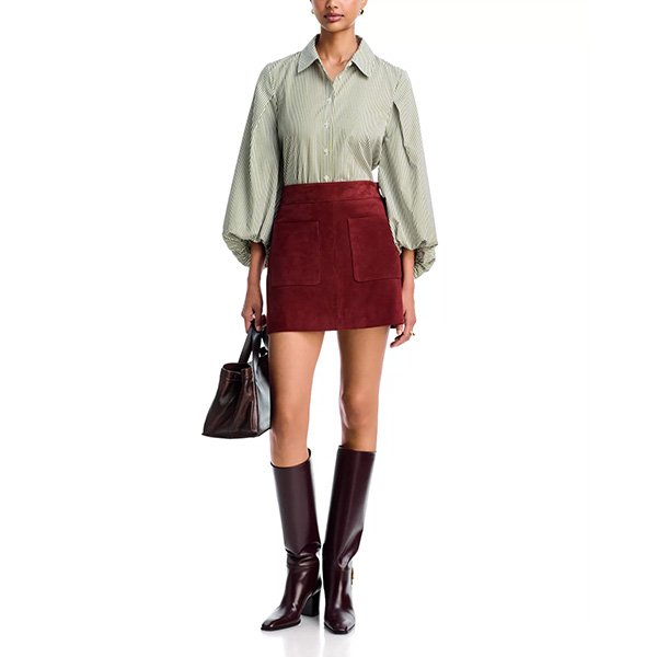 Sprout striped puff sleeve top front view showing three-quarter sleeves and button front