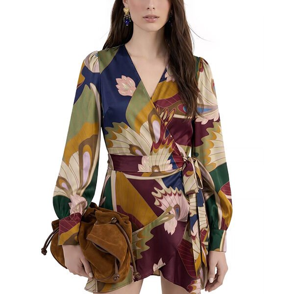 Wrap Dress FARM Rio Mystical Paradise front view with surplice neck and wrap tie