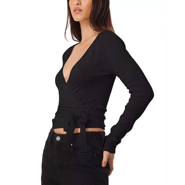 Wrap Top SNDYS Nikola Black side view showing wrap design and relaxed fit